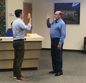 PHOTO: Mr. Rodney Gisclair (R) is sworn in as interim Port Commissioner for Seat B by Legal Counsel Bryce Autin (L) on September 25, 2019.